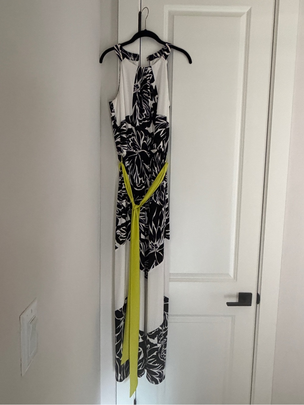 Vince Camuto Black & White Floral Maxi Dress with Lime Sash